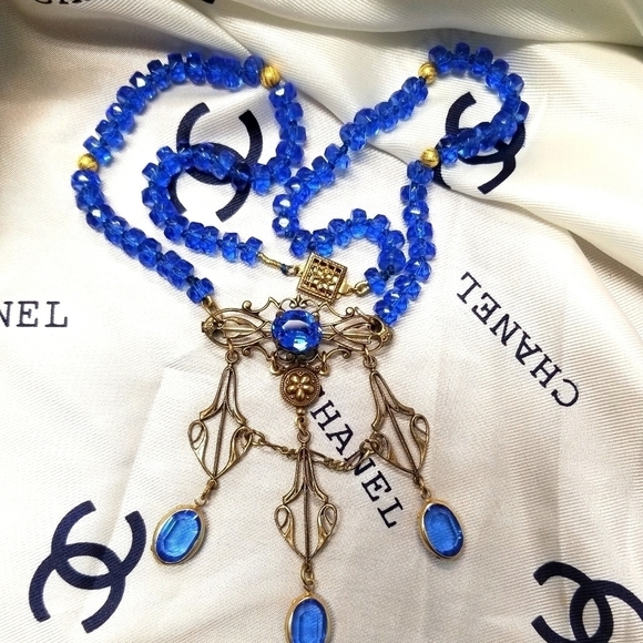 Rare Designer signed SADIE GREEN DECO Sapphire Crystal Necklace Brooch - Picture 7 of 7